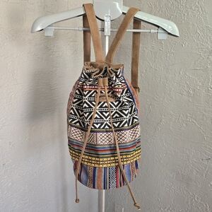 UNIONBAY Multicolor Tribal Backpack with Tan Straps Boho Hobo Hippie